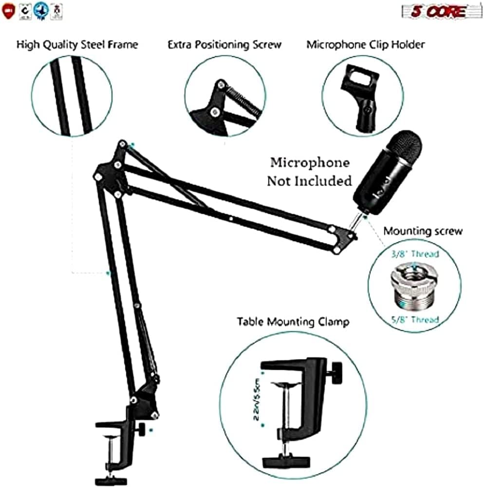 5 Core 2 Pieces Microphone Suspension Boom ARM Mic Stand, Adjustable Scissor Arm Stand With Mic Clip For Upgraded Studio Microphone For Radio Broadcasting, Voice-Over, Stage, TV Stations MS ARM WH+BLK