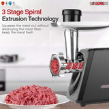 1200W (MAX 2600W) Electric Meat Grinder, Sausage Stuffer Machine, Stainless Steel Food Mincer with Sausage Tube Kubbe Maker 2 Blades 3 Plates for Home Kitchen Commercial Use 5 Core MG 02 BLK