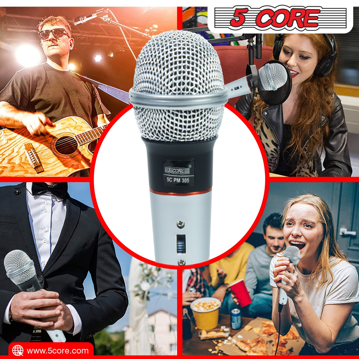 5 CORE Premium Vocal Dynamic Cardioid Handheld Microphone Unidirectional Mic with 12ft Detachable XLR Cable to ¼ inch Audio Jack and On/Off Switch for Karaoke Singing (PM 305)