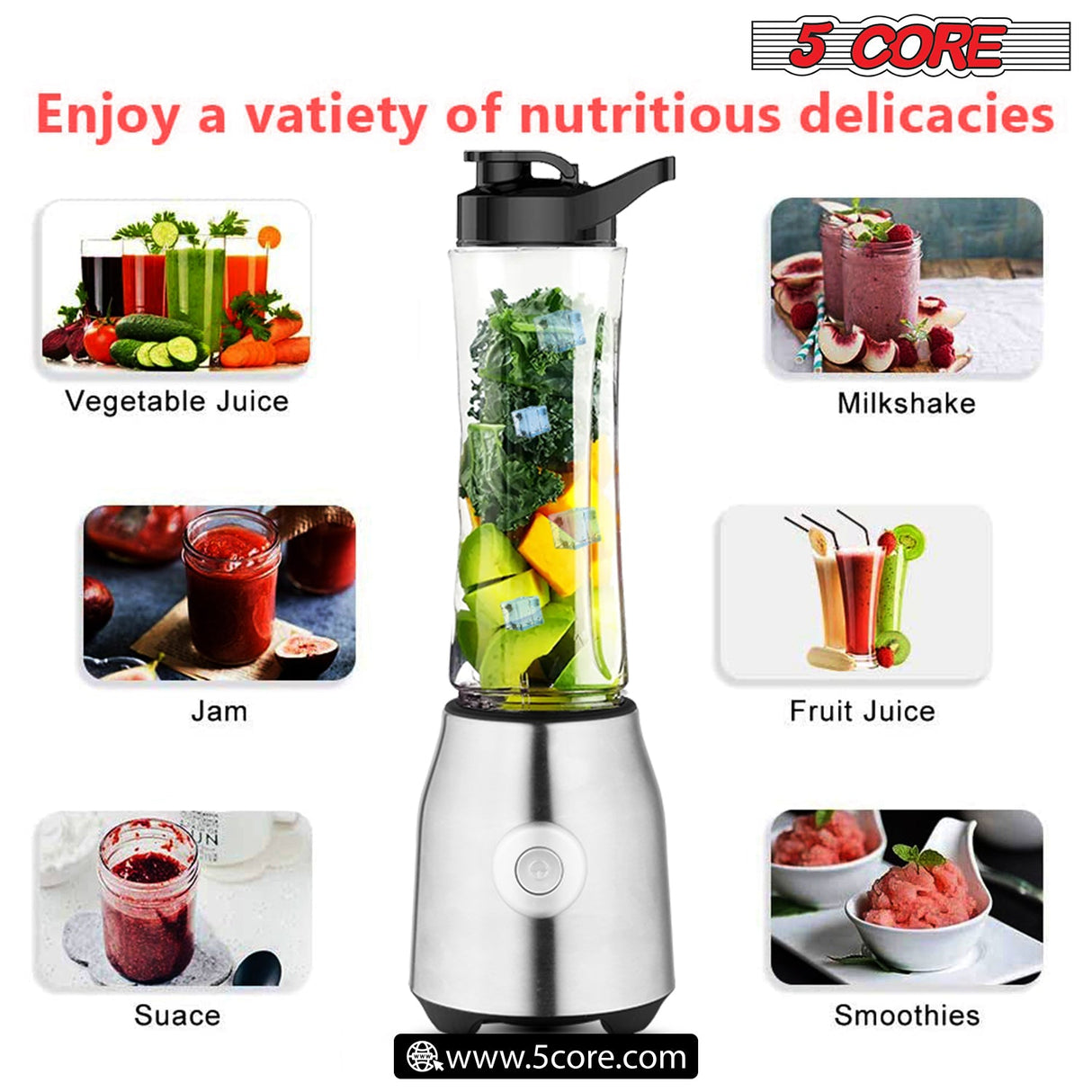 5 Core 600ml Personal Blender for Shakes and Smoothies, Powerful & Professional Smoothie Maker with Portable Bottle 300W Electric Motor BPA Free Food Processor 20 Oz 4 Stainless Steel Blade 5C 521
