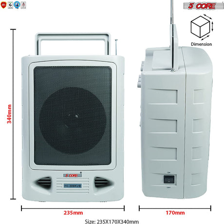 5Core 6.5" Portable PA Speaker System Wireless Voice Amplifier with Two Microphone & Retro Cassette Tape Player, 2 Mic Input, USB & Line in Rechargeable Battery 43W for Presentation, Karaoke KUB 300