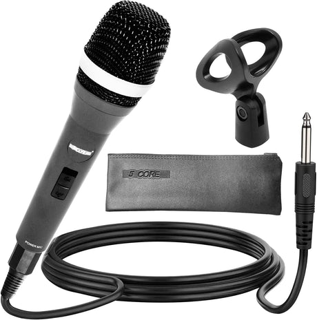5 Kern 2 Stukke Vokale Dinamiese Kardioïde Handmikrofoon Neodymium Magneet Eenrigtingmikrofoon, 16 voet afneembare XLR DLX-kabel na ¼ oudio-aansluiting, mikrofoonklem, aan/afskakelaar vir karaokesang 5C-POWER 2 STKS 