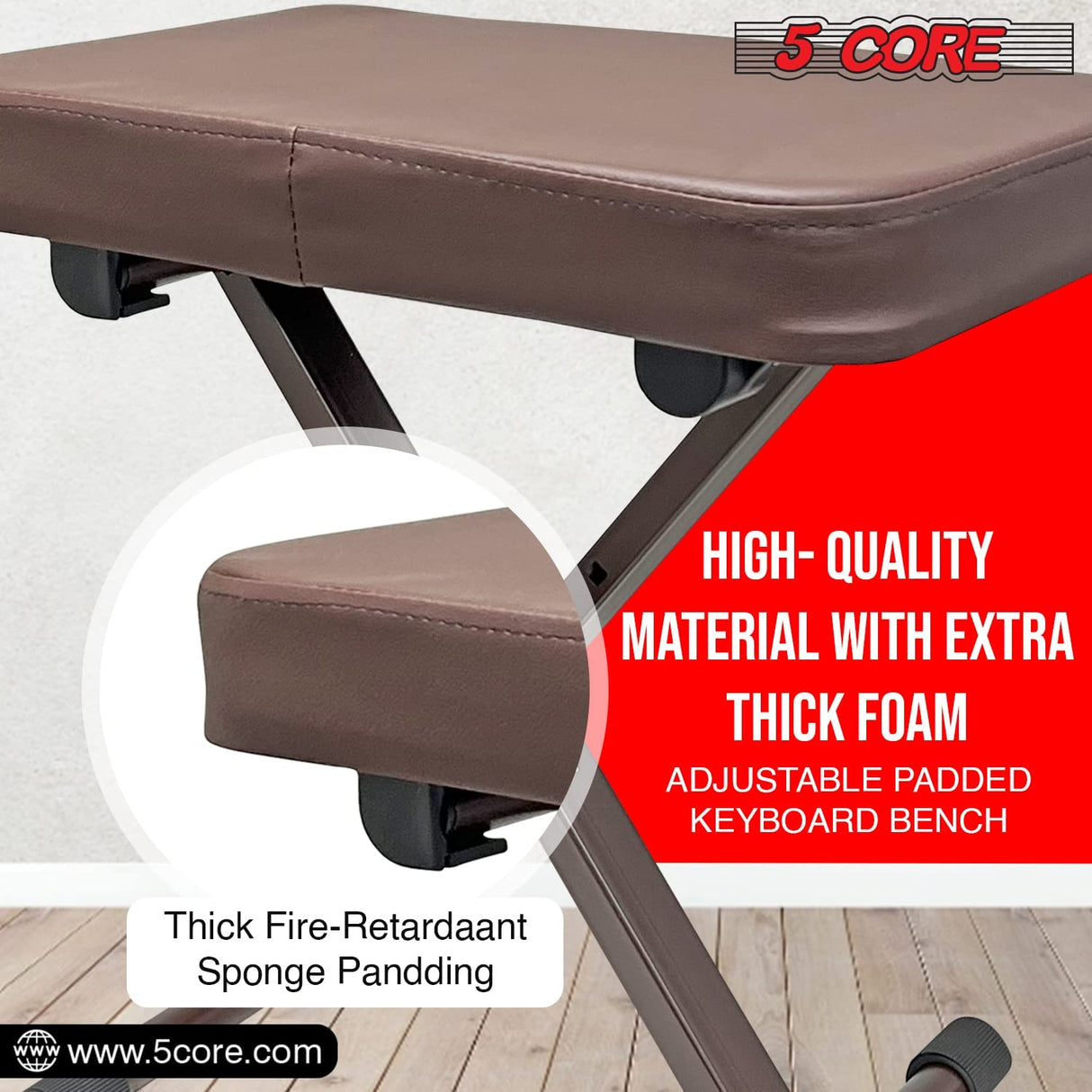 5 Core Keyboard Bench X-Style Cushion Padded Piano Bench 4 Levels of Height Adjustable Stool Chair Seat Flame Retardant Cotton Non-Skid Design Brown  KBB BR HD