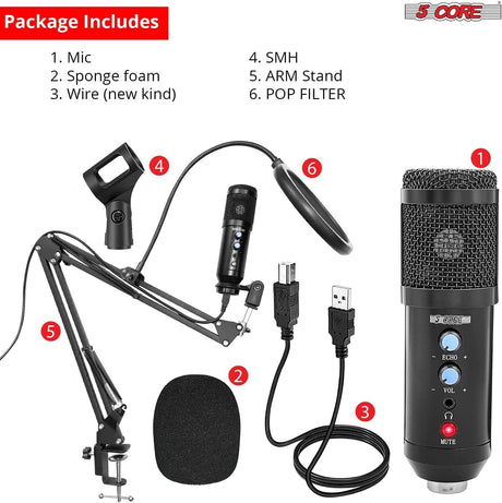 5Core Condenser Microphone Kit w/ Arm Stand Game Chat Audio Recording Computer RM 6 BLK