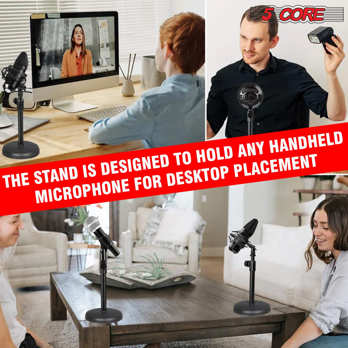 5 Core 12 Pieces Premium Desktop Microphone Stand Adjustable Tabletop Desk Mic Stand with Non-slip Mic Clip 180 Adjustable Clamp Round Base Podcast Recording For Any Mic MS RBS 12PK