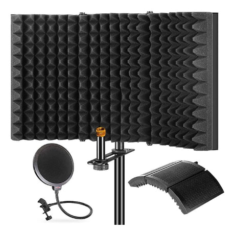 5 Core 1 Piece Professional Studio Recording Microphone Isolation Shield with 1 Piece Pop Filter High density absorbent foam used to filter vocal. Suitable for any microphone recording ISO 3+POP FILTER