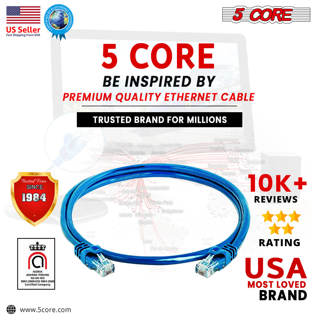 5 CORE Cat6 Ethernet Cable, Internet Network LAN Patch Cords, Outdoor&Indoor,20 FT High Speed 26AWG LAN Network with Gold Plated RJ45 Connector, Weatherproof for Router/Gaming/Modem ET 20FT BLU