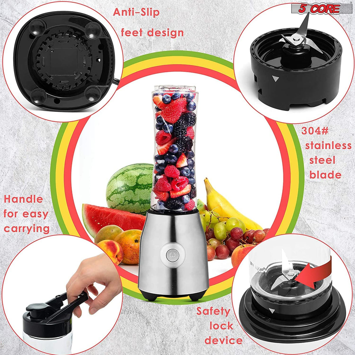 5 Core 600ml Personal Blender for Shakes and Smoothies, Powerful & Professional Smoothie Maker with Portable Bottle 300W Electric Motor BPA Free Food Processor 20 Oz 4 Stainless Steel Blade 5C 521