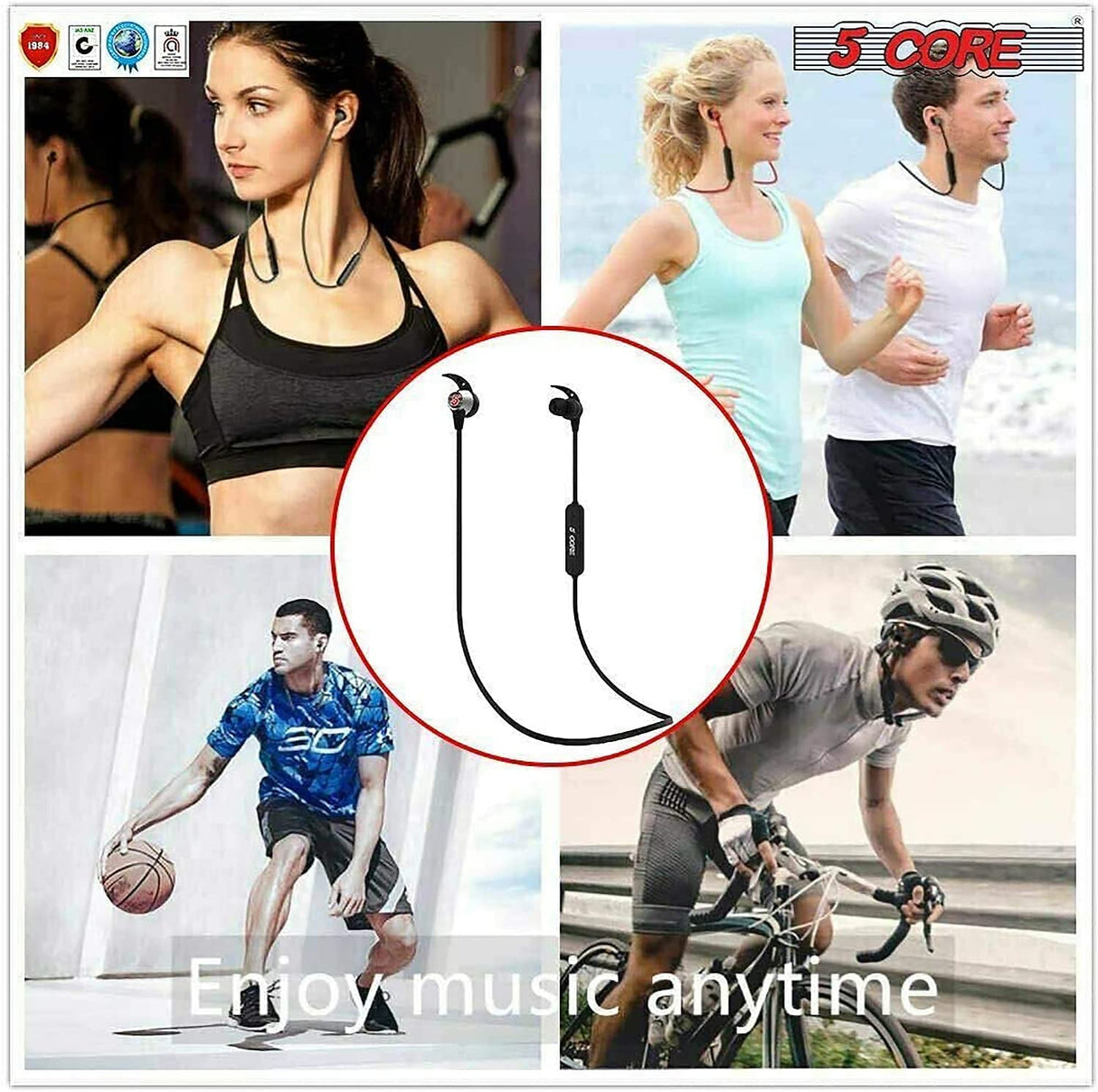 5 Core Bluetooth Headphone Black | Wireless Sports Earbuds with Mic| IPX7 Waterproof Neckband Bluetooth headphone| Noise Cancelling Headsets for Gym, Running, Workout, 10 Hours Playtime - EP02 S