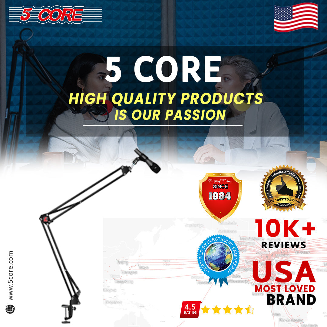 5 Core Adjustable Suspension Boom Scissor Mic Stand, with 3/8" to 5/8" Adapter, Mic Clip, Upgraded Heavy Duty Clamp & dual suspension springs desk mic stand Get in Bulk- MS ARM BLK 6PK