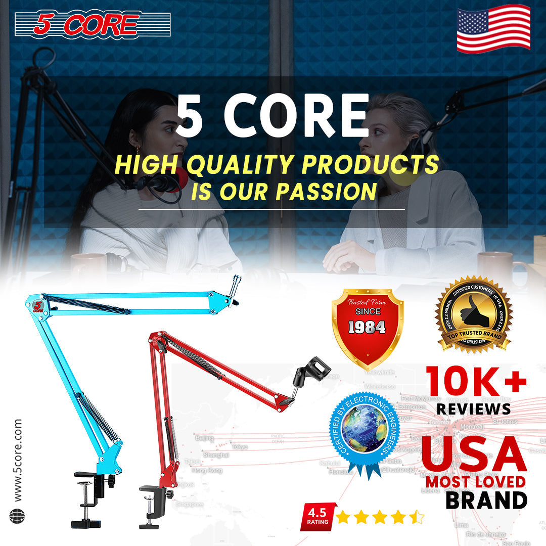 5 Core 2 Pieces Microphone Arm, Adjustable Suspension Boom Scissor Mic Stand, w/ 3/8" to 5/8" Adapter, Mic Clip, Upgraded Heavy Duty Clamp & dual suspension springs desk mic stand Pair MS ARM BLU+RED