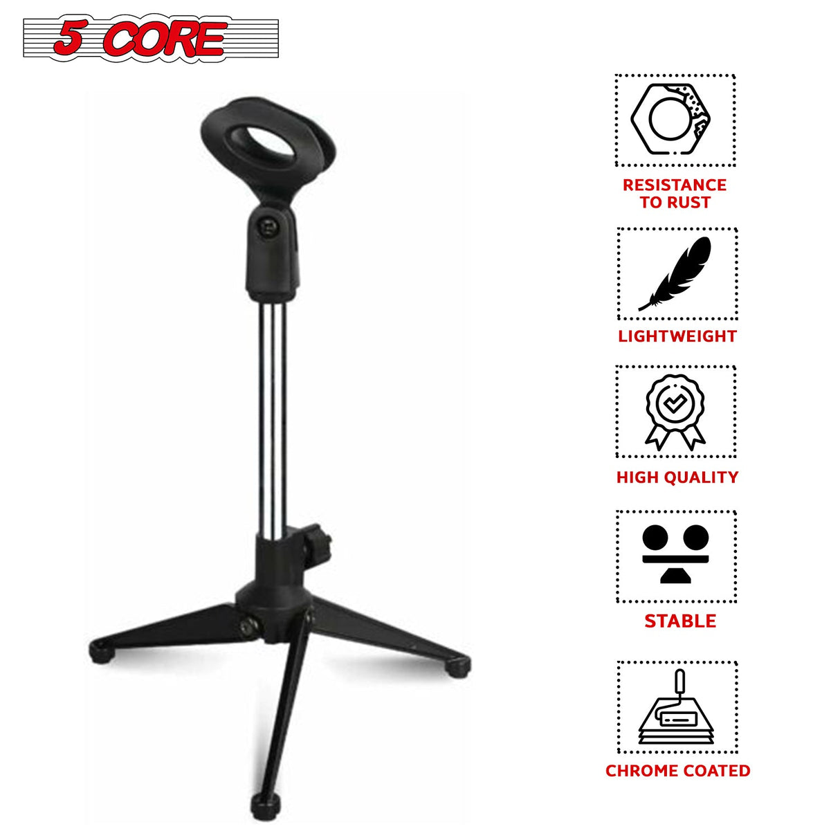 5 Core 2 Pieces Premium Mini Microphone Stand Tripod Universal Adjustable Desk Microphone Stand Portable Foldable Table Top Desktop Stand with Small Plastic Microphone Clip MS MINI TRI CH 2PK
