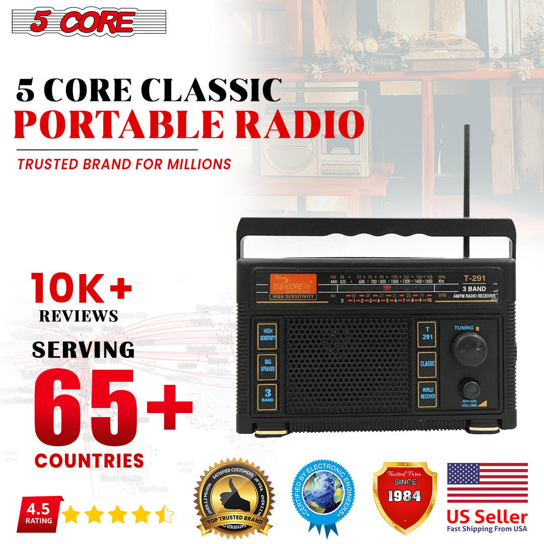 5 Core Portable Radio AM/FM Classic Vintage Battery Operated Radio Retro Transistor Best Reception Antenna Sound 3 Band Indoor and Outdoor Radio T-291