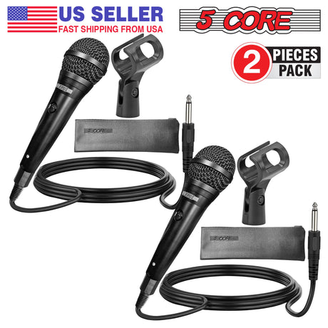 5 CORE 2PCS Premium Vocal Dynamic Cardioid Handheld Microphone Neodymium Magnet Unidirectional Mic, 16ft Detachable XLR Deluxe Cable to ¼ Audio Jack, Mic Clip, On/Off Switch for Karaoke Singing ND 58 BLK 2PCS