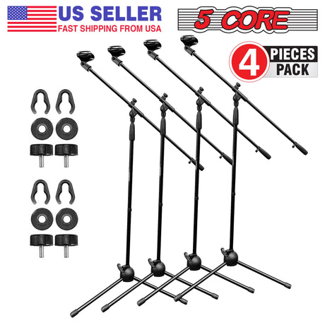 5 Core 4 Pieces Foldable Tripod Microphone Stand - Universal Mic Mount, Height Adjustable from 36 to 65 Inch w/ Extending 30” Telescoping Boom Arm - Knob Tension Lock Mechanism w/ Mic Clip MS 080 4pcs