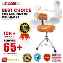 5 Core Drum Throne with Back Support Brown| Premium Height Adjustable Padded Drum Stool| Portable Drummer Throne with Anti-Slip Feet & Back rest| with two Drumsticks- DS CH BR REST