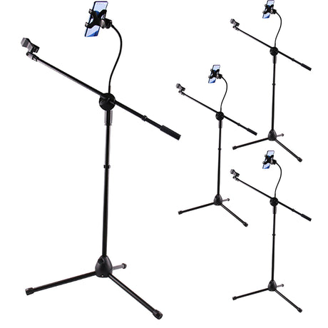 5 Core 4 Pieces Mic Stand with Tablet and Phone Holder – Adjustable Gooseneck Microphone Stand, Collapsible Tripod Boom Mic Stand With Mic Clip Holder & Phone Clamp for Singing, Karaoke, Studio, Parties MS MOB 4Pcs