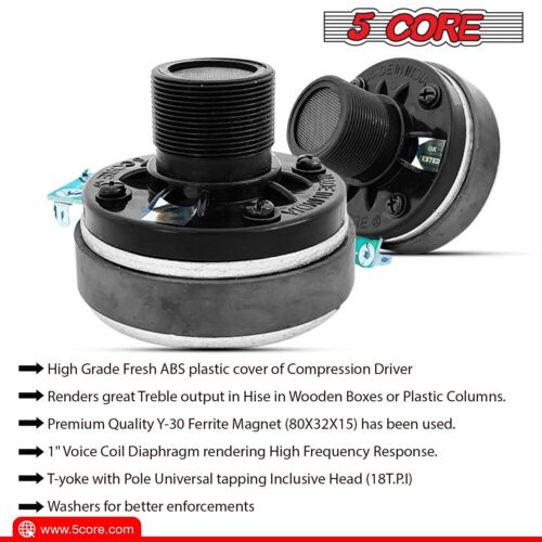 5 Core Compression Driver 1" Voice Coil 200 Watts 8 Ohms Waterproof Improved Performance on New Compact Design- 5C-D26