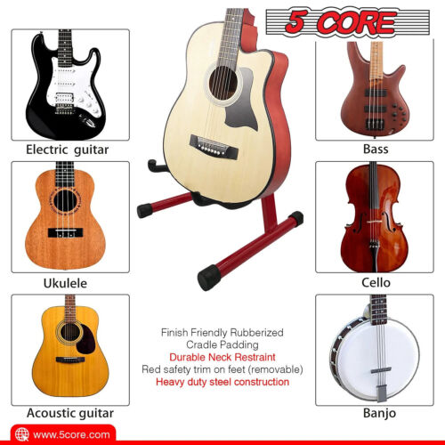 5 Core -A - type Electric Acoustic and Bass Adjustable Foldable A-Frame Premium Guitar Stands Red GSS RED